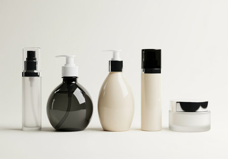 A sophisticated arrangement of five diverse cosmetic containers, including spray, pump, and cream jars, showcasing modern beauty product packaging.の素材