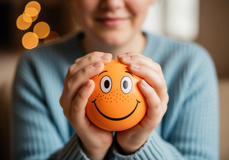 Close up of a person hands cradling a cheerful orange stress ball with a smiling face, conveying happiness and stress relief. ideal for themes of well being and positive emotions.の素材