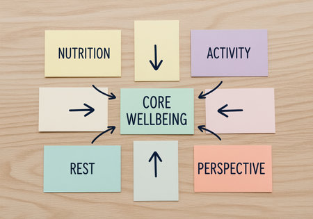 A visual representation of core wellbeing, illustrating key elements like nutrition, activity, rest, and perspective on colorful index cards. this concept highlights a holistic approach to health.の素材