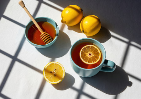 A cozy flat lay of warm lemon tea with a dried slice, fresh lemons, and a bowl of golden honey with a dipper. perfect for health and wellness concepts.の素材