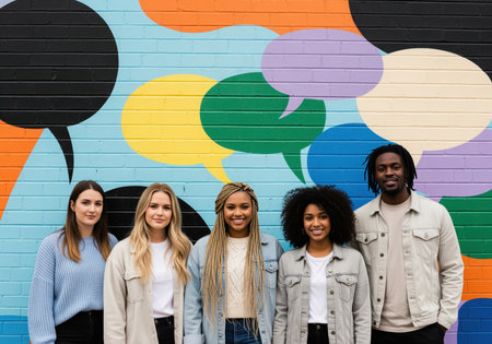 A diverse group of five young adults stands together, smiling confidently at the camera. this image conveys themes of friendship, collaboration, and modern community.の素材