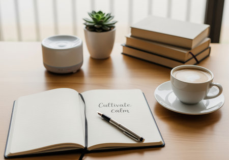 A serene workspace with an open journal displaying cultivate calm alongside a pen, coffee cup, stack of books, and a small succulent plant, ideal for mindfulness and relaxation.の素材