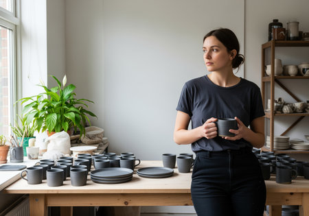 A young woman stands thoughtfully in her pottery studio, holding a dark ceramic mug. she is surrounded by her handcrafted ceramic creations, showcasing her artistic craft and dedication.の素材
