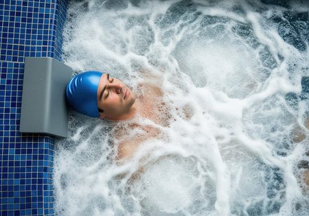 An overhead view captures a man with a blue cap peacefully relaxing in a hot tub, surrounded by warm, frothy bubbles. this image conveys relaxation and wellness.の素材