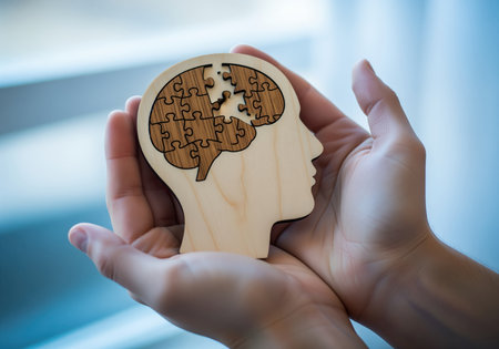 Human hands cradle a wooden head silhouette containing a brain puzzle with a missing piece, representing concepts of mental health, memory, and cognitive care.の素材