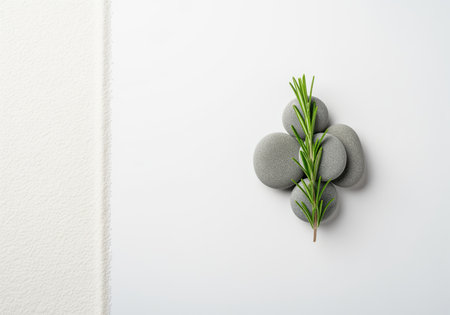 A fresh green rosemary sprig is elegantly placed atop a small stack of smooth, round grey stones, creating a serene and natural composition. ideal for wellness, spa, or culinary themes.の素材