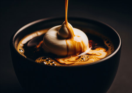 A moody, high contrast close up of rich coffee with a dollop of whipped cream, as sweet syrup pours over it, creating beautiful swirls.の素材