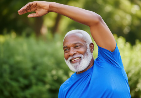 A healthy senior african american man with a white beard smiles while stretching his arm outdoors. this image conveys vitality, wellness, and an active lifestyle for older adults.の素材