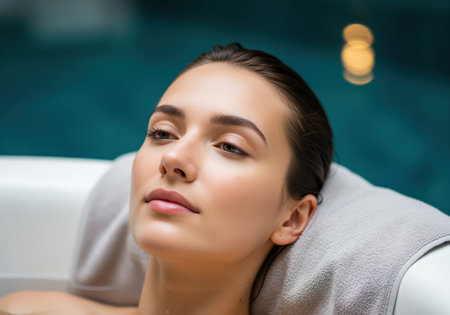 A serene young woman unwinds in a luxurious bath, her head resting on a soft towel. her calm expression conveys peace and wellness, ideal for spa, beauty, and self care themes.の素材