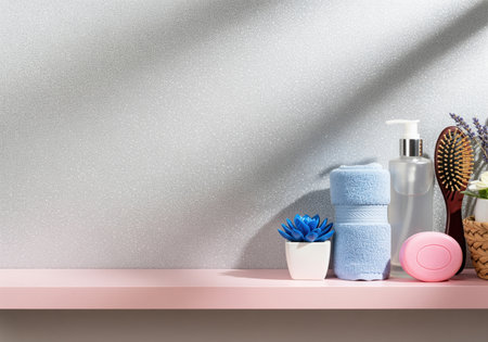 A serene collection of spa and self care essentials, including soft towels, soap, lotion, and a hairbrush, neatly arranged on a pastel pink shelf. ideal for promoting relaxation and personal well being.の素材