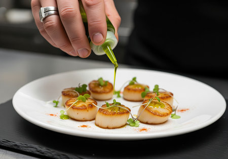 A chef hand carefully drizzles vibrant green olive oil over a plate of beautifully seared scallops, garnished with fresh microgreens and spices, showcasing gourmet cooking.の素材