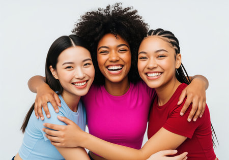 Three happy diverse young women friends embracing and smiling brightly. this vibrant image conveys friendship, joy, and togetherness, perfect for themes of community and happiness.の素材