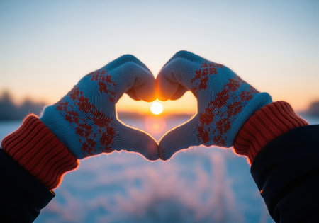 A close up of hands wearing patterned winter gloves, creating a heart shape with the bright sun shining through, symbolizing love and warmth in cold weather.の素材