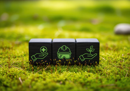 Three black wooden cubes with green line icons representing health, worker safety, and environmental sustainability, placed on a vibrant green mossy surface. ideal for corporate responsibility and sustainable business themes.の素材