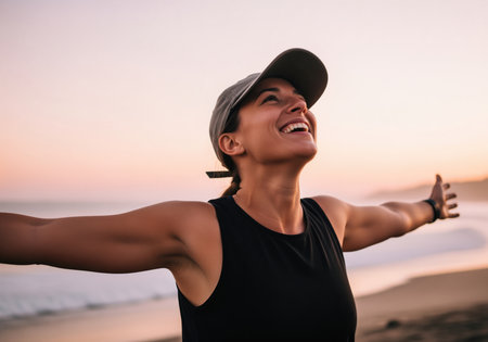 A happy woman with arms outstretched expresses pure joy and freedom, looking up with a radiant smile. she wears a black tank top and a cap, embodying success and positive energy.の素材