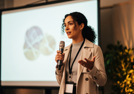 A confident business woman delivers an engaging presentation on stage, holding a microphone and gesturing. ideal for themes of public speaking, conferences, and corporate events.の素材
