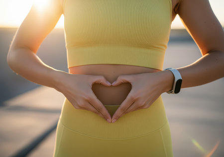 A close up shot of a fit woman midriff, her hands forming a heart shape over her healthy abdomen, symbolizing wellness and self care during a golden hour workout.の素材