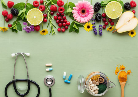 Overhead flat lay showcasing functional medicine elements including fresh fruits, herbs, flowers, supplements, and a stethoscope. ideal for health, wellness, and nutrition topics.の素材