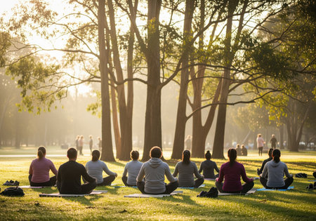 A diverse group of individuals practices yoga and meditation in a peaceful park setting during a beautiful sunrise. this image conveys wellness, mindfulness, and community.の素材