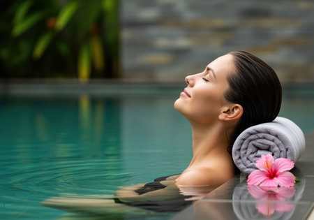 A serene woman with her eyes closed, enjoying tranquil relaxation in a calm turquoise swimming pool. her head rests on a towel with a vibrant pink hibiscus flower, evoking peaceful wellness.の素材