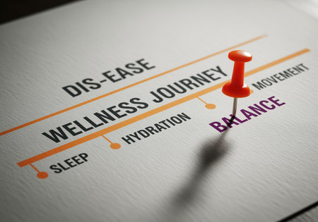 A conceptual diagram illustrating the wellness journey with key elements like sleep, hydration, and movement, marked by a pushpin on balance. this image represents a strategic path to achieving overall health and well being.の素材