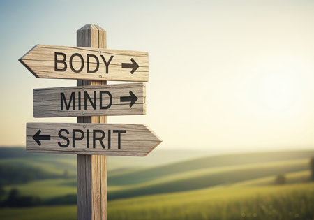 A rustic wooden signpost features three planks with arrows pointing to body, mind, and spirit, symbolizing holistic well being and life choices.の素材