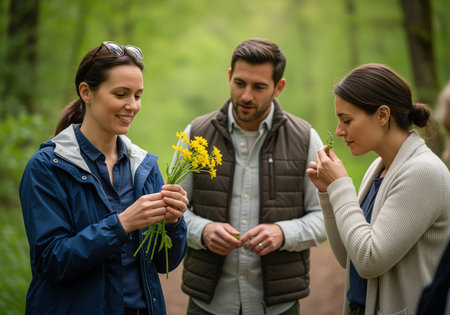 A small group of enthusiastic adults participates in a spring botanical walk, examining wild flowers and smelling fresh herbs in a lush green environment.の素材