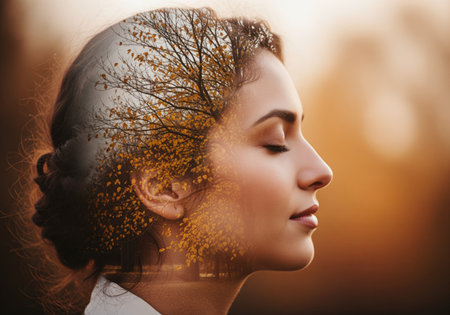 A serene woman in profile with closed eyes is depicted in a double exposure, blending her form with autumn tree branches and golden leaves. this image conveys peace, meditation, and connection to nature.の素材