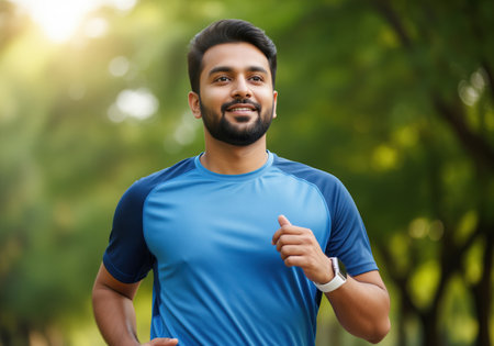 A young indian man with a beard is seen jogging outdoors, wearing a blue athletic shirt and earbuds. he smiles, embodying a healthy and active lifestyle, perfect for fitness concepts.の素材