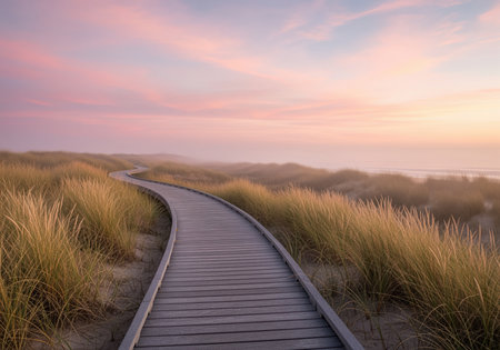 A winding weathered wooden pathway traverses golden coastal dunes, leading towards a misty ocean under a beautiful pink and orange sunset sky. ideal for travel, nature, or serene escape themes.の素材