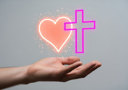 A human hand gently presents a vibrant, glowing heart and a radiant christian cross, symbolizing profound love, faith, and spiritual connection. this digital artwork conveys devotion and hope.の素材