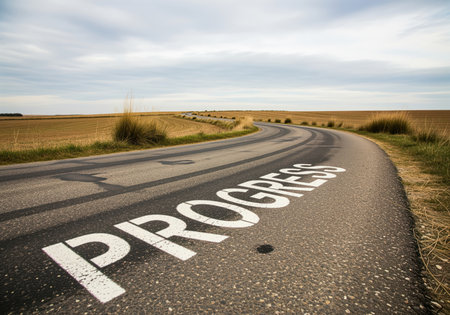 A winding country road features the word PROGRESS painted in white on its asphalt surface, symbolizing a journey towards improvement and future development. ideal for themes of growth and advancement.の素材