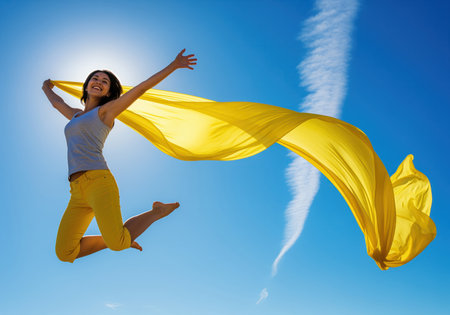 A vibrant image of a young woman jumping high with a flowing yellow fabric, expressing freedom and happiness under a clear blue sky.の素材