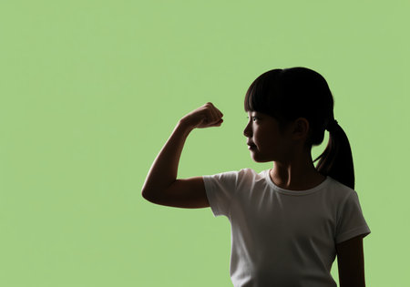 A powerful silhouette of a young asian girl flexing her bicep, showcasing her strength and determination. this image conveys themes of empowerment and self belief.の素材