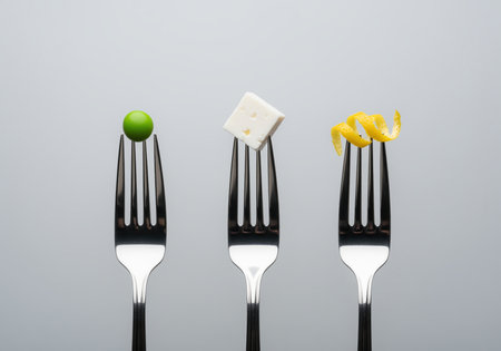 Three elegant forks are presented vertically, each holding a single, distinct food item, a green pea, a white feta cheese cube, and a yellow lemon peel.の素材