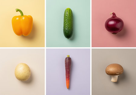 Six distinct fresh vegetables, including yellow bell pepper, green cucumber, red onion, white potato, purple carrot, and brown mushroom, arranged neatly in a colorful grid. perfect for healthy eating concepts.の素材