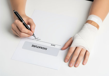 A person with a bandaged hand signs a legal document with their other hand, symbolizing accident recovery, insurance claims, or medical paperwork. this image is suitable for healthcare, legal, or financial themes.の素材