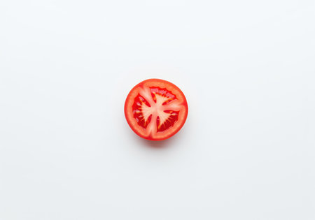 A vibrant red tomato slice, perfectly cut in half, showcases its juicy interior and fresh texture. ideal for healthy eating, cooking, or grocery store visuals.の素材