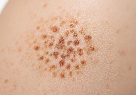 A detailed close up of human skin featuring a concentrated cluster of brown moles and freckles, illustrating natural skin pigmentation. this image is suitable for dermatology and health related content.の素材
