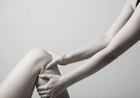 Hands providing a soothing massage to a bent knee, emphasizing wellness, recovery, and physical therapy. this image conveys comfort and healing.の素材