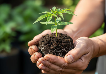 A close up view of a small cannabis plant seedling with visible roots and soil, cradled in a person hands. it symbolizes growth, cultivation, and new beginnings, perfect for agricultural or botanical content.の素材