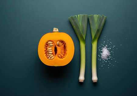 A vibrant orange pumpkin, cut in half to reveal its seeds, is paired with two fresh green leeks and a sprinkle of coarse salt, ready for culinary use.の素材