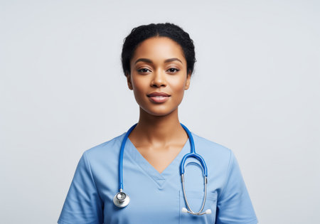 A confident african american female doctor poses professionally, wearing blue medical scrubs and a stethoscope. this image is ideal for healthcare, medical, and wellness themes.の素材