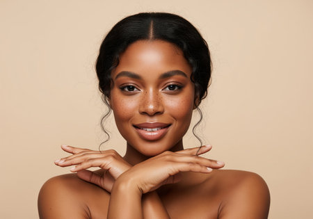 A beautiful young black woman with radiant, healthy skin and delicate freckles smiles gently. this portrait highlights natural beauty, perfect for skincare and wellness campaigns.の素材