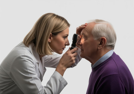 A female ophthalmologist in a white lab coat uses an ophthalmoscope to examine the eye of an older male patient. this medical checkup highlights eye care.の素材