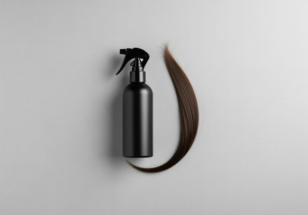 A minimalist flat lay features a matte black hair spray bottle alongside a sleek brown hair strand, perfect for showcasing hair care products and styling concepts.の素材