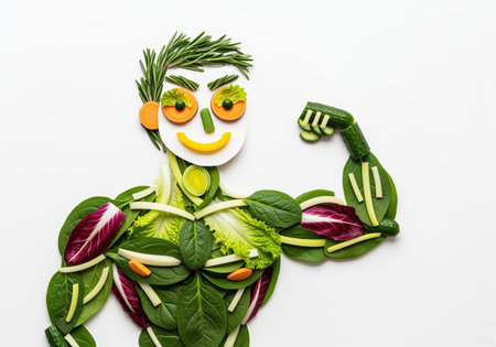 A creative flat lay composition depicting a muscular man figure crafted from vibrant fresh vegetables, symbolizing strength, health, and a nutritious diet. ideal for wellness and food concepts.の素材