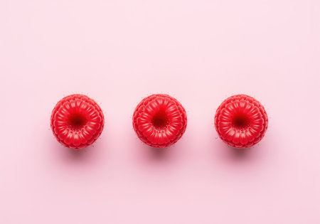 Three fresh, vibrant red raspberries are neatly arranged in a horizontal line, showcasing their intricate texture. ideal for healthy eating, dessert, or food photography concepts.の素材