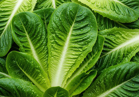 A close up view of fresh, vibrant romaine lettuce leaves covered in water droplets, highlighting their crisp texture and natural green color. perfect for healthy eating concepts.の素材