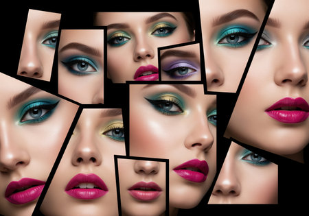 A dynamic collage features fragmented close ups of young women faces, highlighting diverse and vibrant eye makeup with bold eyeshadows and eyeliners, complemented by bright lip colors. ideal for beauty campaigns.の素材